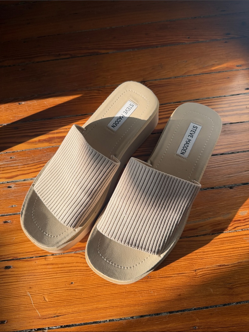Steve Madden Ribbed Slide Sandals - Beige